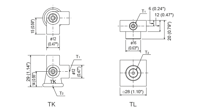 TA · TB · TC · TD ·TG ·  TH · TK · TL Type (junction header)
 Dimensions
