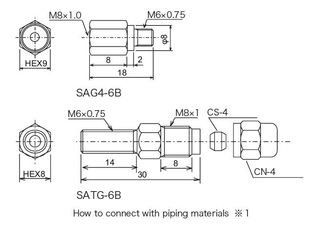 SAG · ECMG type (Narrow-place piping fittings)
 Dimensions