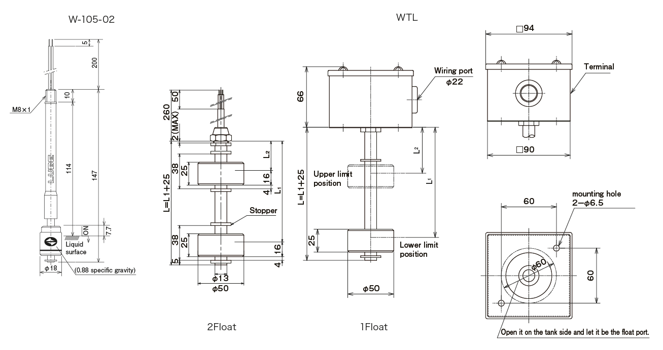 W-105 · WL · WTL Type (oil level switch)Dimensions